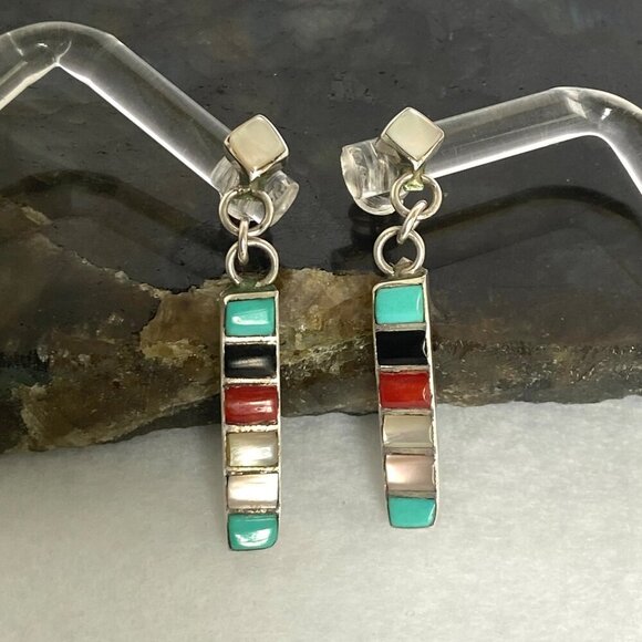 Sterling Silver 925 Multi Gemstone Turquoise Coral MOP Bar Dangle Earrings - Picture 8 of 16